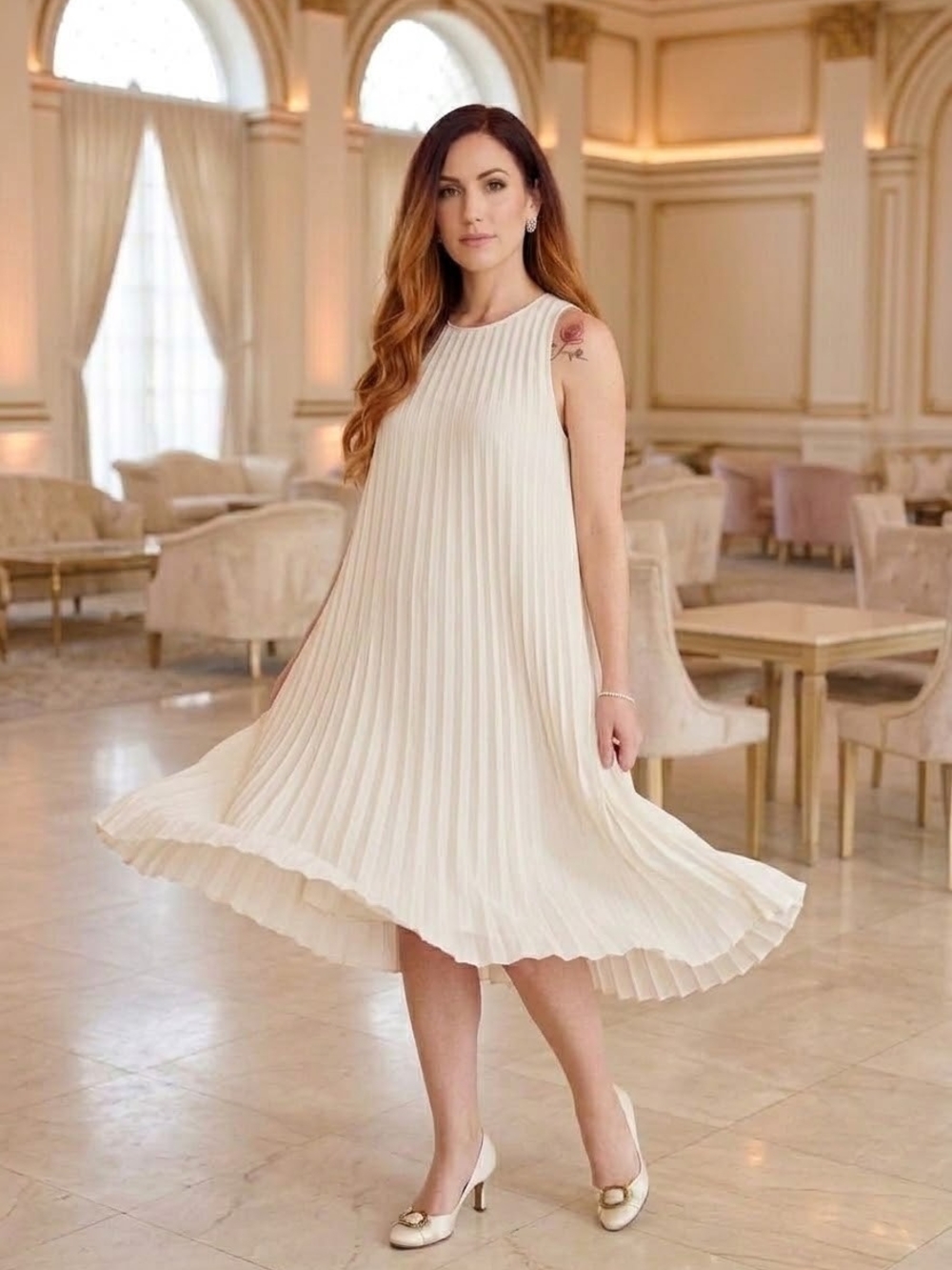 NWT($160)RW&CO. 💋 Cream Pleated Chiffon Sleeveless Dress FLOWY HEMLINE Sz 12